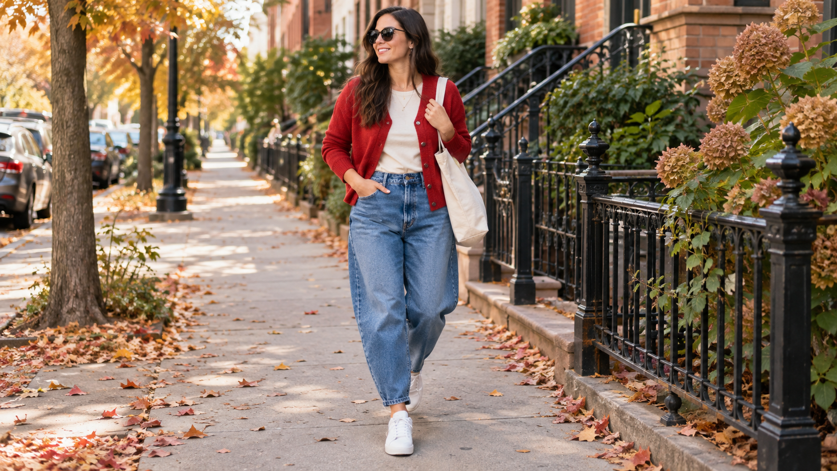 Cherry Red Cardigan with Cream Scoop-Neck Tee Medium-Wash Barrel Jeans and White Sneakers